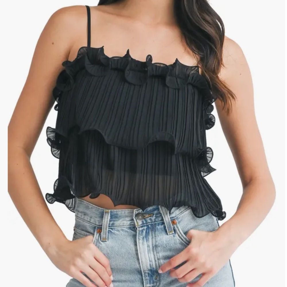 Lush Black Ruffled Pleated Camisole